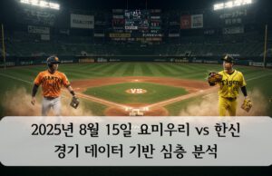 2025년 8월 15일 요미우리 vs 한신 경기 데이터 기반 심층 분석 2025년 8월 15일 도쿄돔에서 열린 요미우리 자이언츠와 한신 타이거즈의 경기 홍보 이미지. 중앙에는 야구장이, 좌측에는 자이언츠 유니폼을 입은 선수, 우측에는 타이거즈 유니폼을 입은 선수