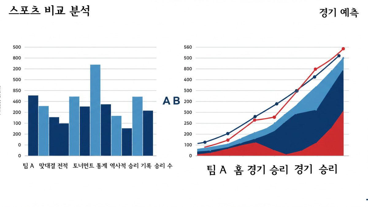 스포츠 비교 분석과 경기 예측을 나타내는 막대 그래프와 꺾은선 그래프