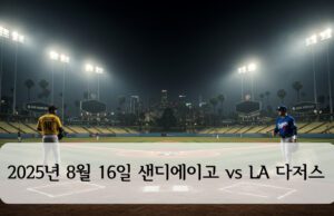 2025년 8월 16일 샌디에이고 vs LA 다저스 승자 예측을 위한 완벽 가이드 다저스타디움 전경, 중앙 마운드와 LA 스카이라인, 좌측 샌디에이고 유니폼·우측 다저스 유니폼 선수 실루엣, '2025년 8월 16일 샌디에이고 vs LA 다저스